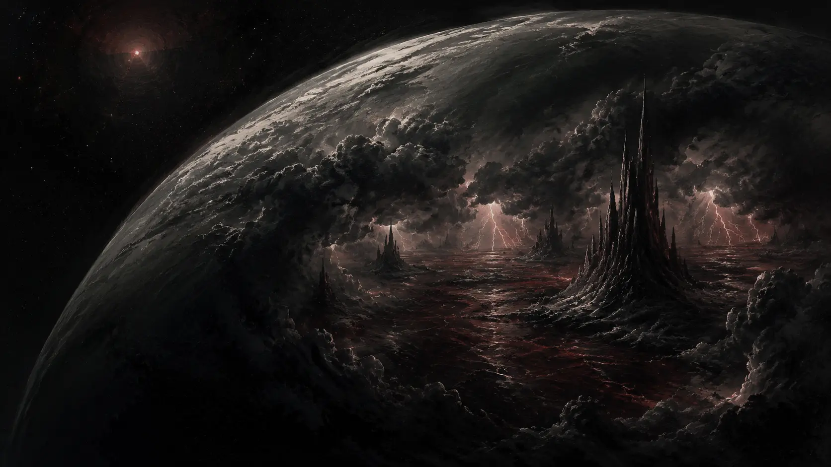 Nyxar aus dem Orbit, von schweren Gewitterwolken und giftigen Ozeanen bedeckt
