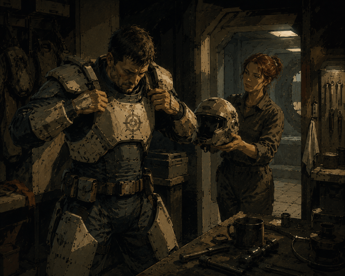 Ein Terraner legt in einer Werkstatt improvisierte Kampfrüstung an, eine Technikerin reicht ihm den Helm